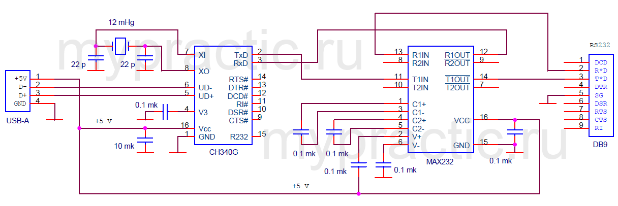 Схема преобразователя USB в RS232 на CH340G