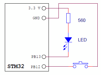 Схема подключение светодиода и кнопки к STM32