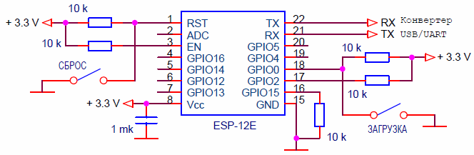 Схема загрузки FLASH ESP-12E
